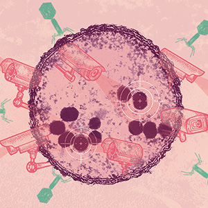 Artistically embellished micrograph showing a bacterial cell using camera surveillance to guard against phage viruses.