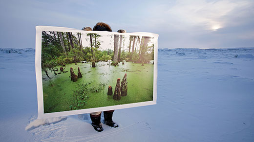 A man standing in the Arctic tundra holds up a large photo of a swamp.