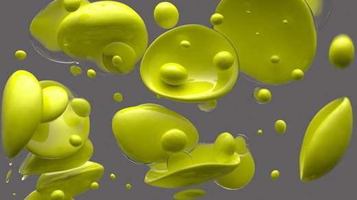 Video artwork showing yellow blobs move, merge, split, shrink and enlarge inside a clear cube.