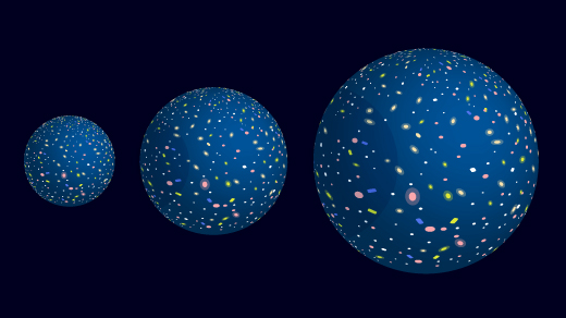 Illustration of three flat sheets, connoting a flat universe, and three balls, connoting a closed universe.