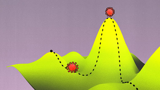 Illustration of COVID-19 virus particles rolling across a 3D landscape.