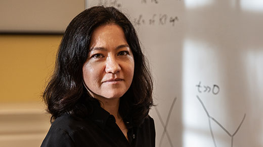 Mathematician Lauren Williams standing in front of a whiteboard that has mathematics written on it.