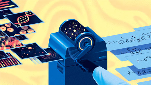 Illustration of pieces of paper with scientific images on them feeding into a machine. A human hand turns a crank, and equations come out of the machine.