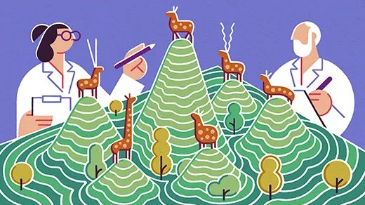 Illustration of a miniature landscape with many peaks, and with small creatures of different forms standing on those peaks. Scientists in lab coats watch the creatures.