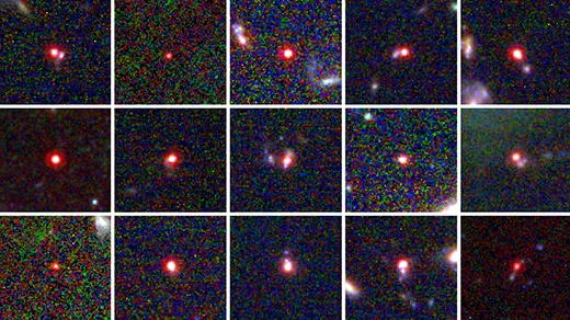 A composite of 15 images from the James Webb Space Telescope. Each image has a glowing red dot — a young galaxy — in its center.