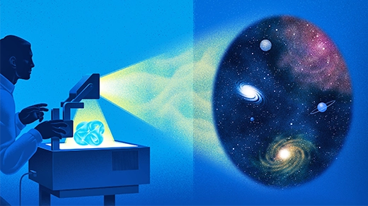 Illustration of a man adjusting an overhead projector that's illuminating a Calabi-Yau manifold and projecting an image of galaxies and planets.