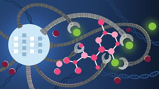 An illustration shows a many-armed computer, like an octopus, that is assembling a molecular structure using balls of many different colors.