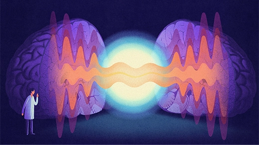 An illustration shows a bright ball of light slowing down brain waves.