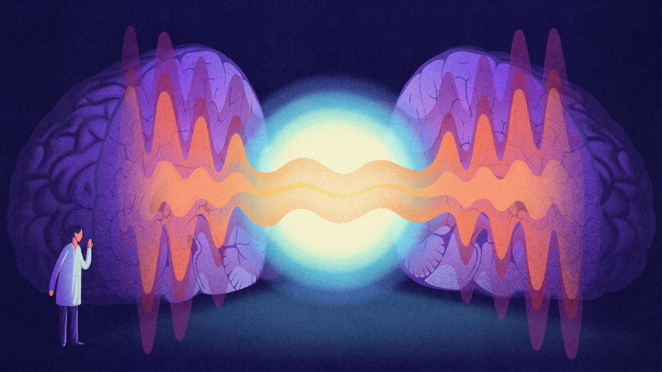 An illustration shows a bright ball of light slowing down brain waves.