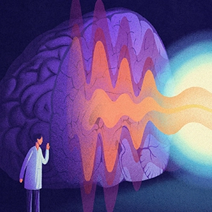 An illustration shows a bright ball of light slowing down brain waves.