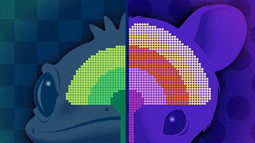 A stylized illustration showing half the heads and brains of a lizard and a mouse in cross-section side by side.