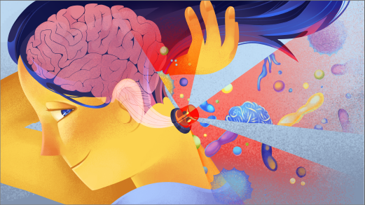 A brightly colored illustration shows a person holding up their hair to reveal a flashing alarm on the back of their neck, out of which images of pathogens blare. Their brain and brainstem are visible as if in X-ray.