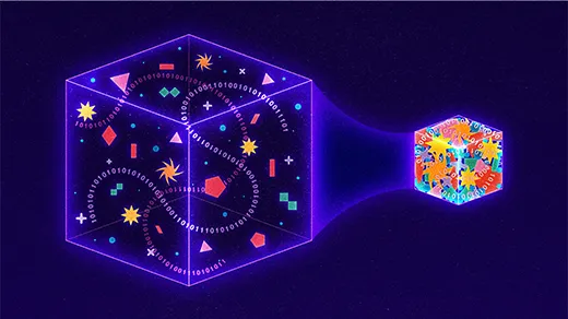 A cube full of colorful shapes is connected to a smaller cube stuffed with the same shapes.