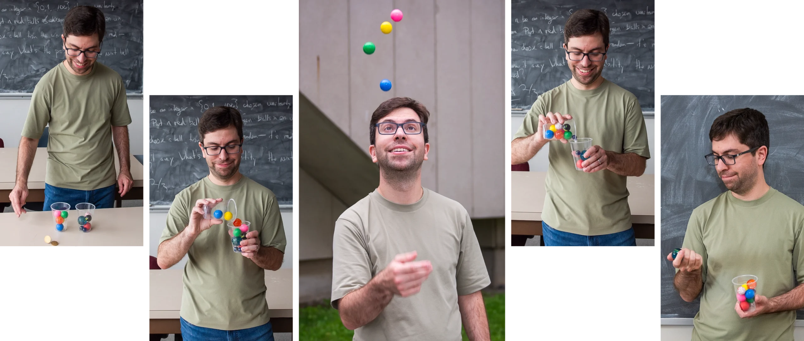 Five photographs of Litt playing with colored balls.