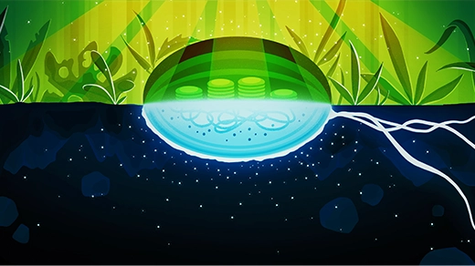 Top of the illustration shows vegetation and half of a chloroplast releasing dots of oxygen. Bottom shows half of a cell in darkness releasing similar dots.