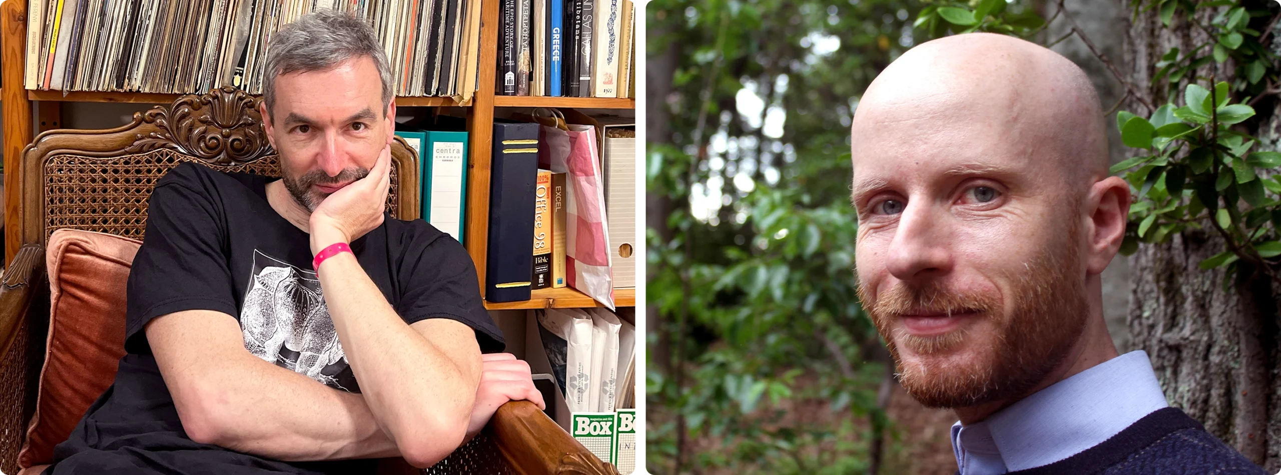 Dennis Gaitsgory sitting down with his chin in his hand, and Sam Raskin in profile.