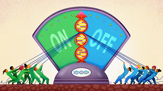 Illustration of a double helix-shaped needle on a gauge that is being pulled toward reading either ON or OFF by two opposing groups of human figures.