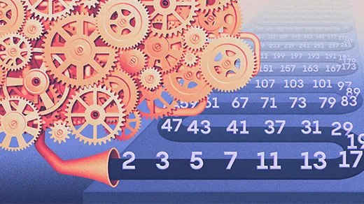 A complex machine produces prime numbers onto a conveyor belt that winds backwards into infinity.