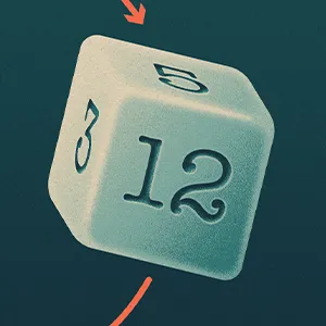 illustration of four six-sided green dice covered in different numbers, with orange arrows connecting some of the dice