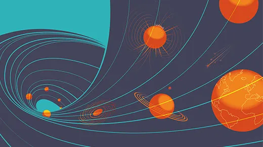 golden planets look like they're moving through a twisting current