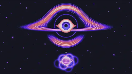 An illustration representing an eye at the center of a black hole, observing a quantum particle outside the black hole.