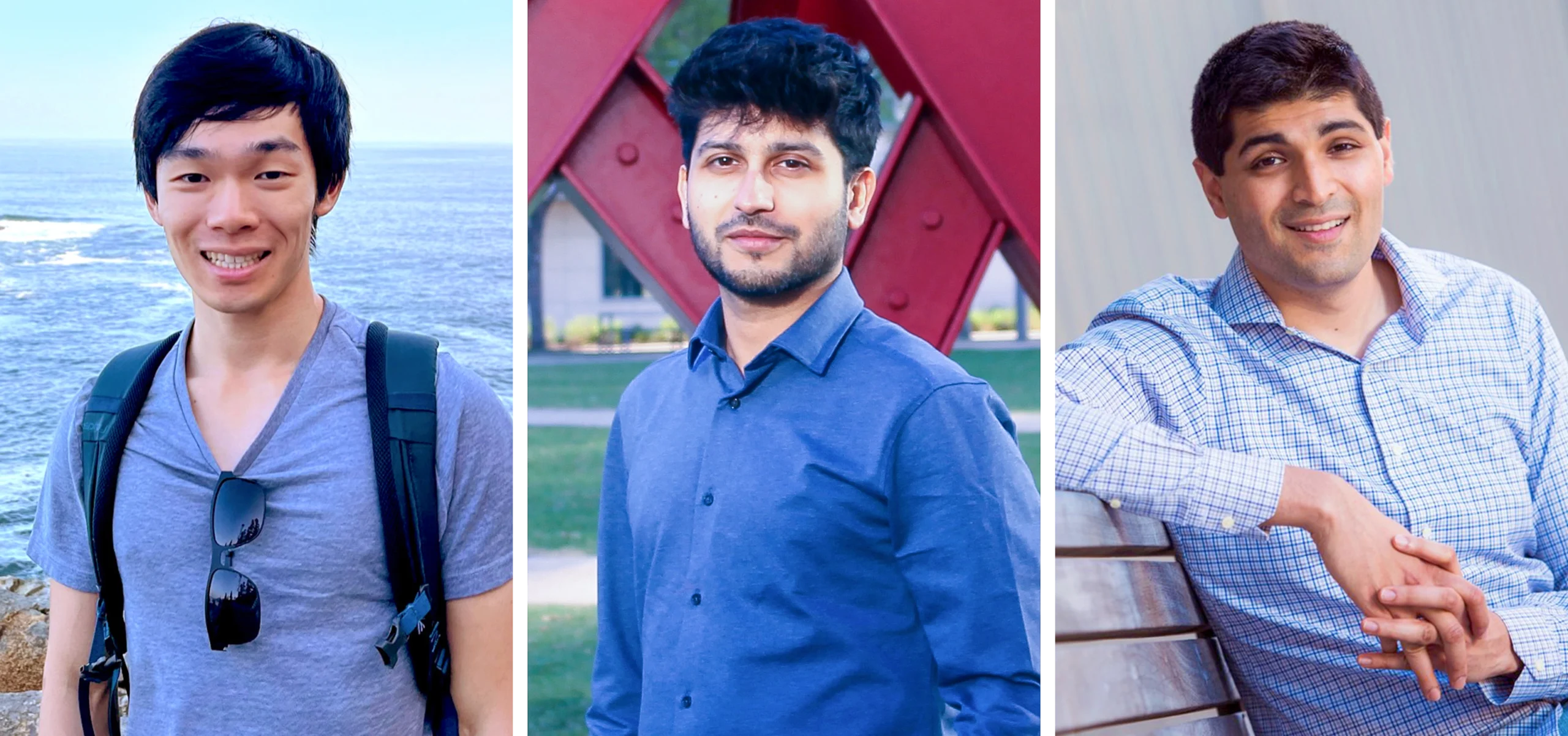 Allen Liu in a gray shirt and backpack stands in front of a large overlook. Ainesh Bakshi in a blue shirt stands in front of a red sculpture. Ankur Moitra sits in a checkered shirt.