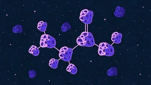 Illustration of asteroids in space that are interconnected into a structure like that of the amino acid glycine.