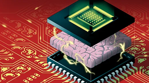 Illustration of electrified brain embedded within a computer chip.