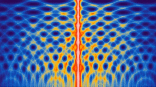 Illustration in which a bright red line results from many wavelike ripples overlapping.