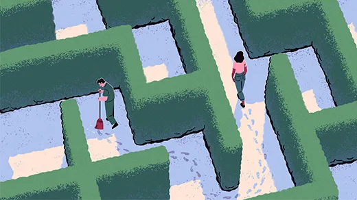 Illustration of a lady walking through a hedge maze, with a man sweeping up her footprints.