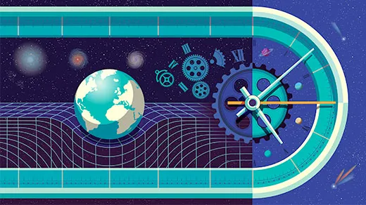 Illustration of the earth warping space-time, surrounded by small gears and galaxies.