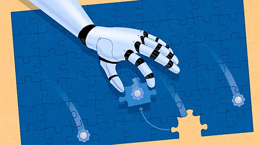 A robot hand plucks a puzzle piece with a particle from a mostly empty puzzle.