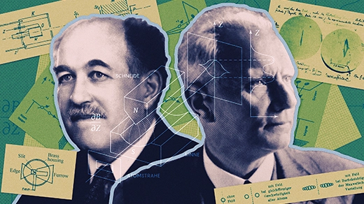 A collage of images. Black-and-white portraits of Otto Stern and Walther Gerlach are in the center, surrounded by sketches of their experiment and a photograph of the detector they used to track the journeys of silver atoms.