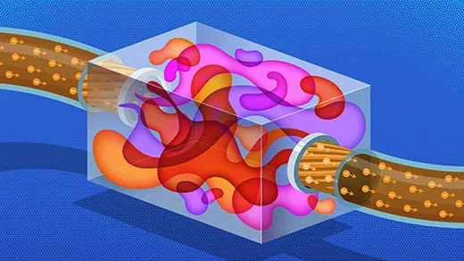 An illustration of electric current flowing through two types of materials. In the normal wire, current is represented by discrete electrons. In the unusual material, it is transformed into a psychedelic swirl of colors.