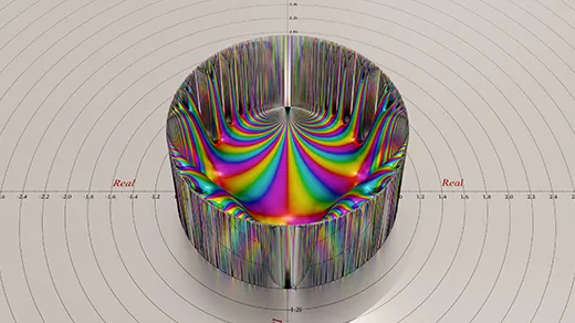 A modular form is shown as a distorted, rainbow-hued dome atop concentric circles.